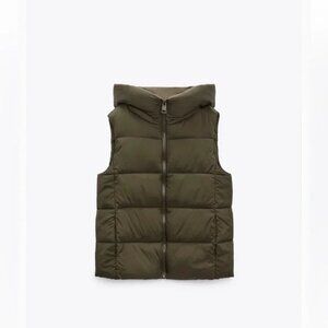 Puffer Hooded Full Zip Sleeveless Brown Vest